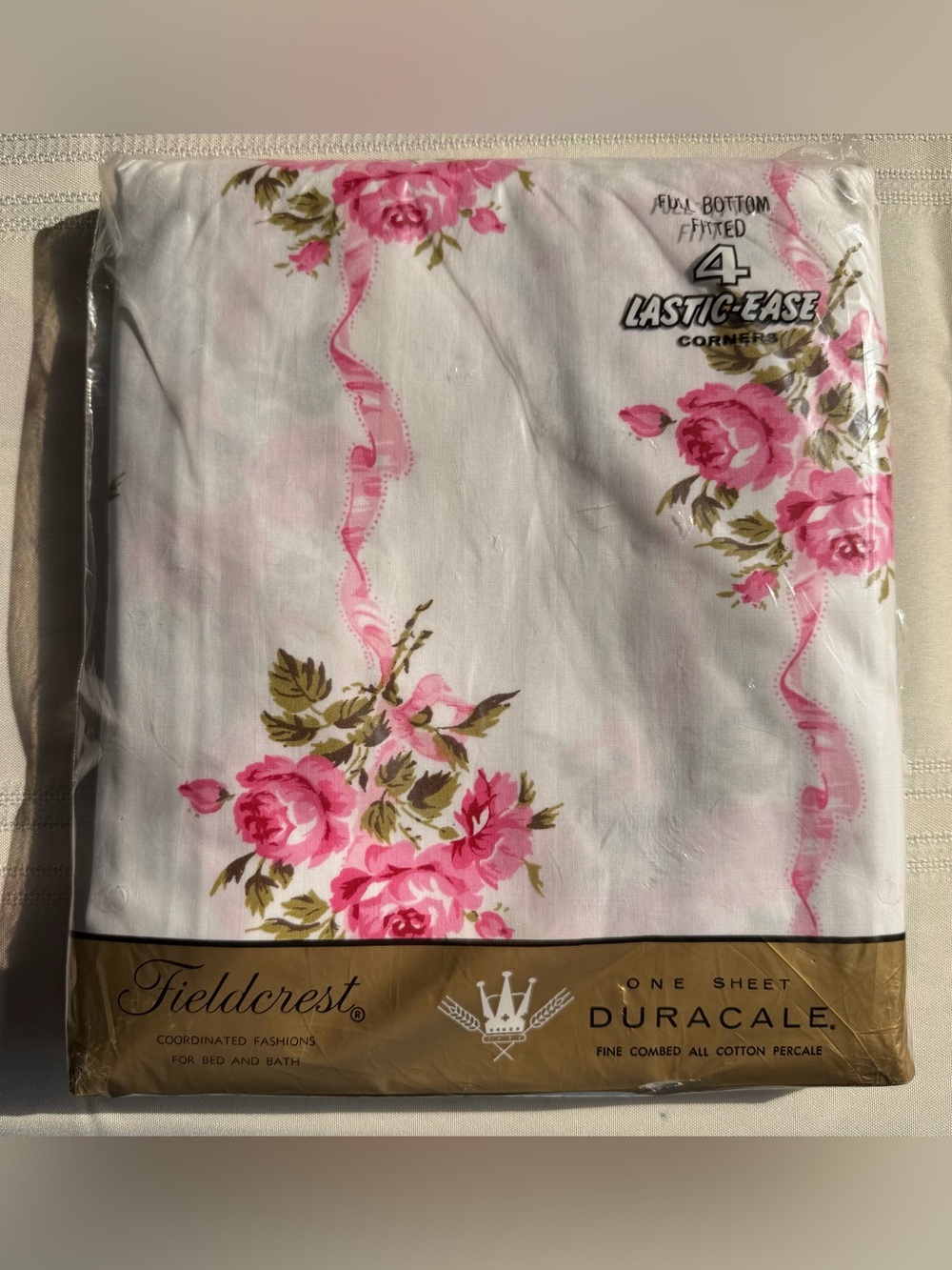 Vintage Fieldcrest Ribbon Bouquet Full Sheet Set Pink Floral Percale NOS USA